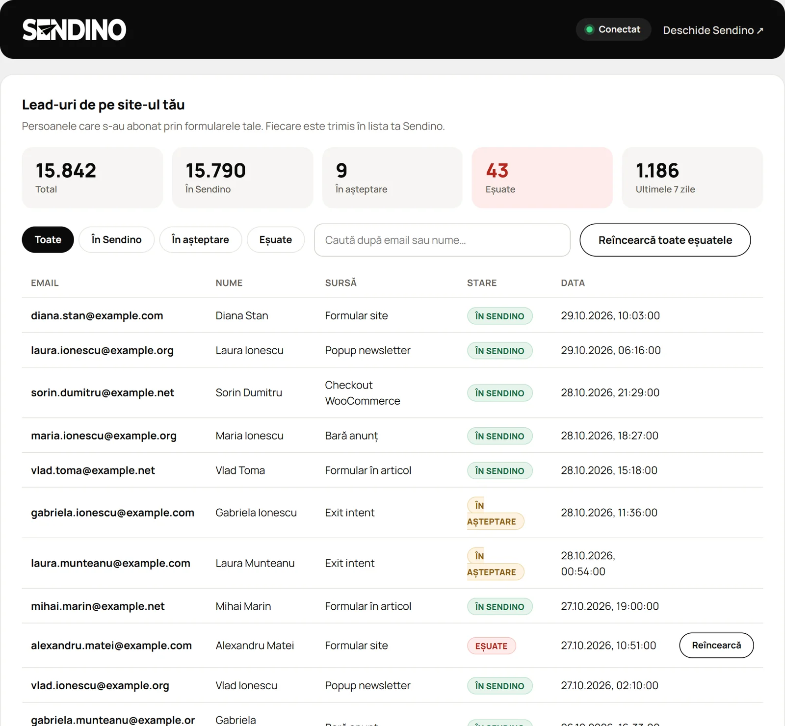 Lista de lead-uri colectate de pe site, cu stare, sursă și reîncercare automată