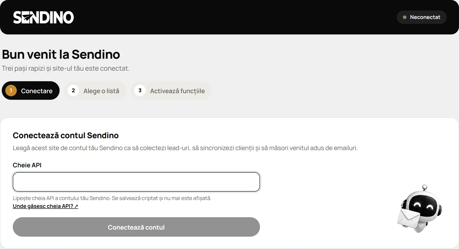 Ecranul de conectare a pluginului Sendino în WordPress: lipești cheia API și alegi lista