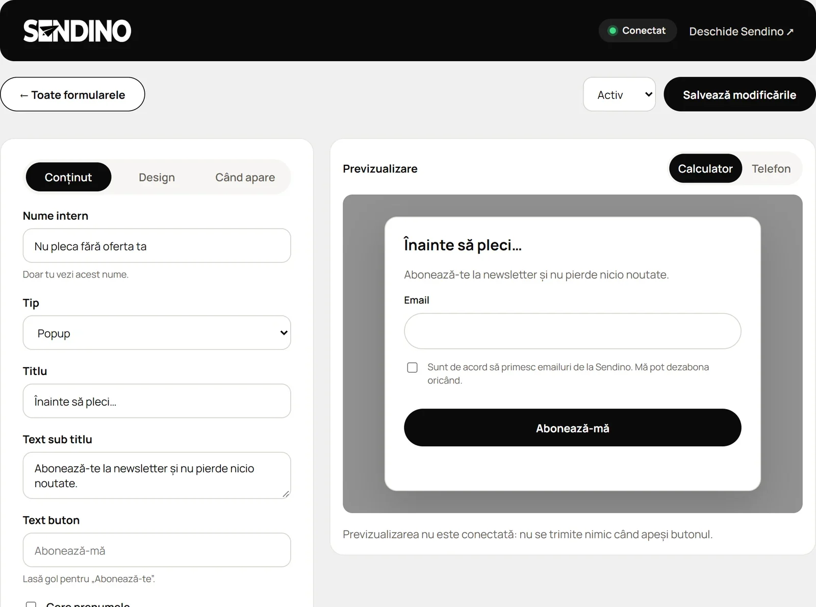 Editorul de popup din pluginul Sendino, cu previzualizare în timp real